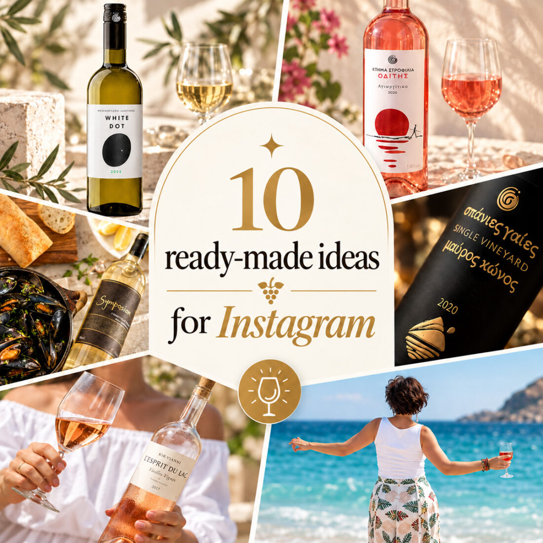 Collage of wine bottles, glasses and wine moments, titled “10 ready-made ideas for Instagram”