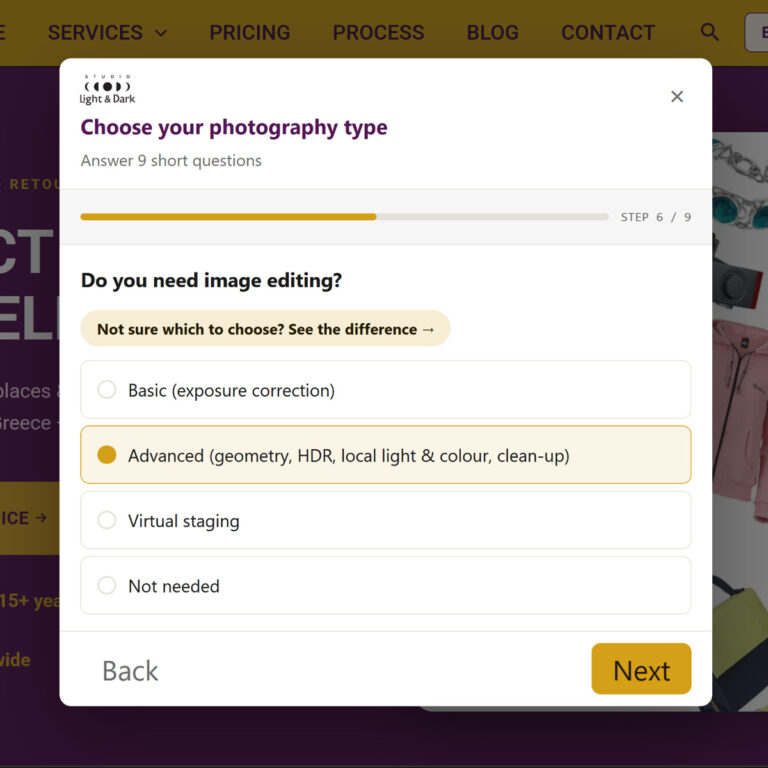 Photography type form asking about image editing, with advanced editing selected, step 6 of 9.