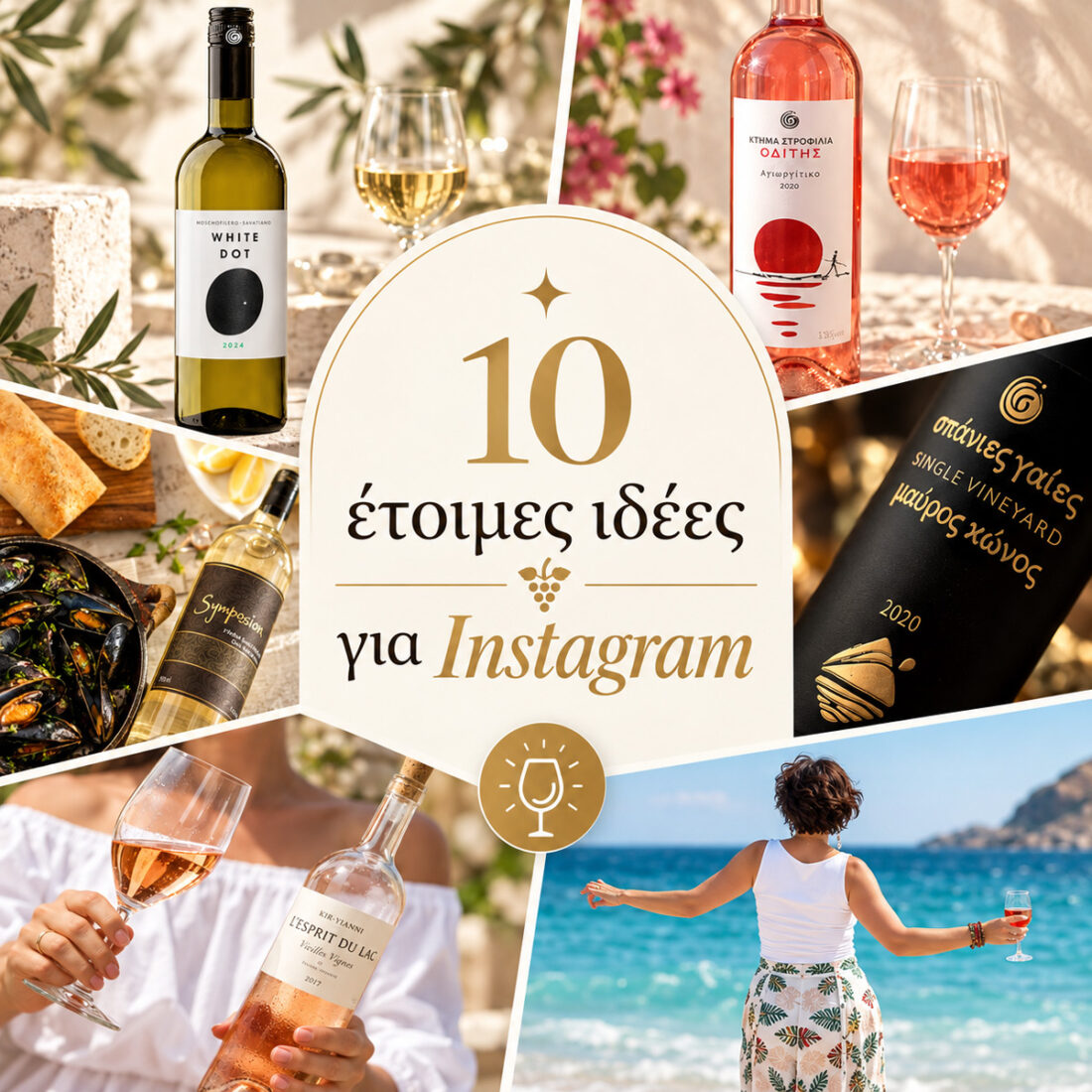 Κολάζ με μπουκάλια κρασιού, φαγητό και σκηνές δίπλα στη θάλασσα, με τίτλο «10 έτοιμες ιδέες για, φωτογράφιση κρασιού κρασί στο instagram ιδεές